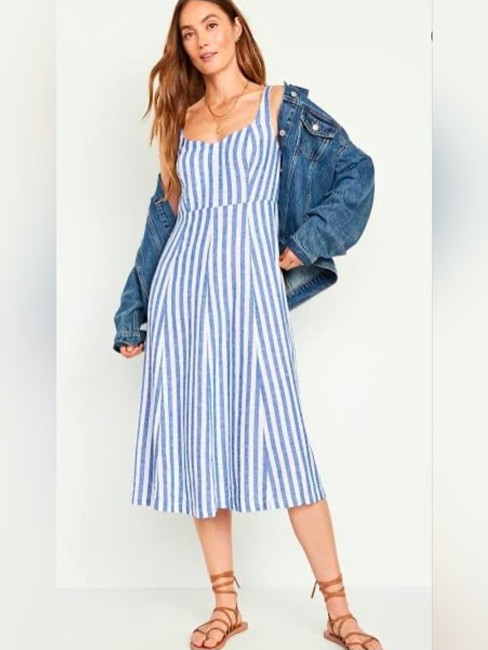Blue and White Striped Sundress - Sleeveless Midi